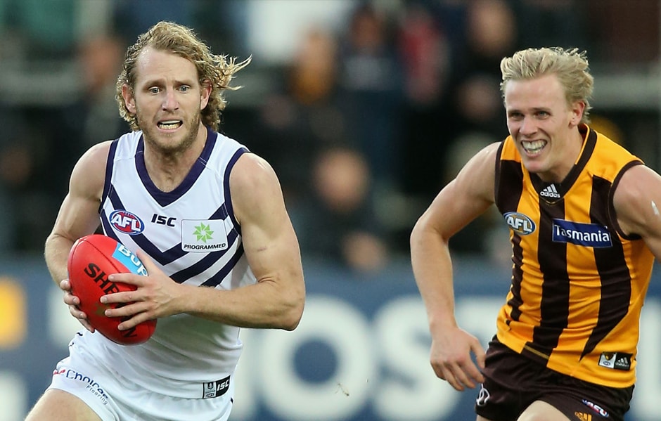 Mundy-Hawks.jpg David Mundy had 34 disposals and a goal the last time Fremantle met Hawthorn in round 19 of 2018. - Fremantle,Fremantle Dockers,AFL,Hawthorn,University of Tasmania Stadium,Launceston